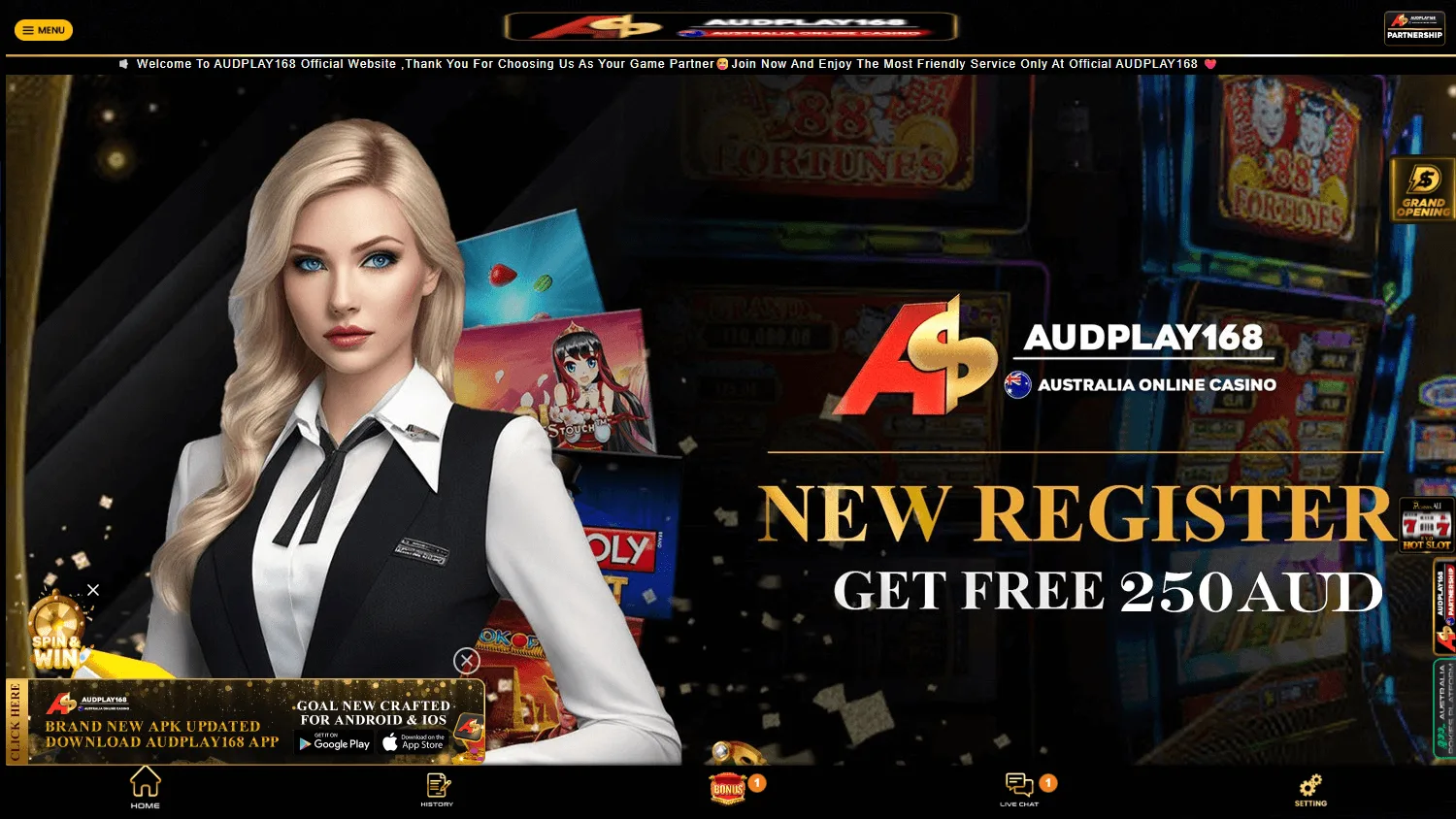 Audplay168 Casino desktop home experience with AUD account features and casino offers