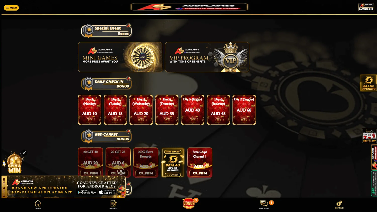 Audplay168 Casino desktop promotions area with no-deposit and prize offers