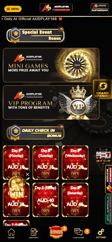 Audplay168 Casino mobile promotions area with bonus and prize campaigns