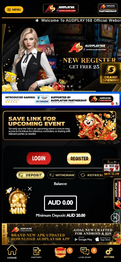 Audplay168 Casino mobile home experience with AUD payments and casino access